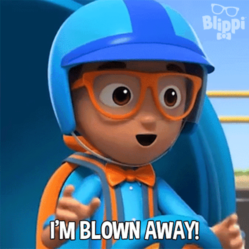 A Cartoon Character Says " I 'M Blown Away " While Wearing A Helmet GIF