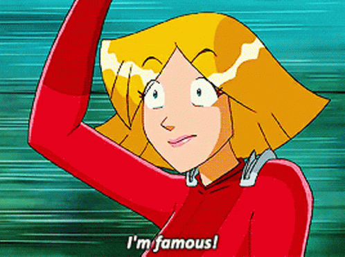 A Cartoon Character Says " I 'M Famous " With Her Hand On Her Head GIF