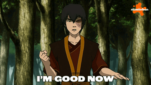 A Cartoon Character Says I 'M Good Now In Front Of Trees GIF