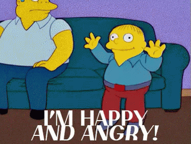 A Cartoon Character Says I 'M Happy And Angry While Sitting On A Couch GIF