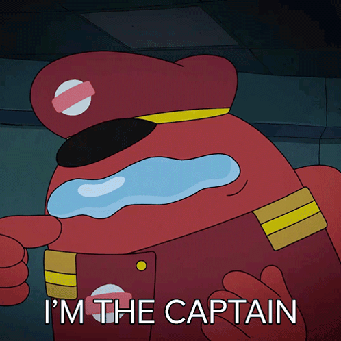 a cartoon character says " i 'm the captain " while wearing a red hat