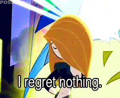 A Cartoon Character Says " I Regret Nothing " In White Letters GIF
