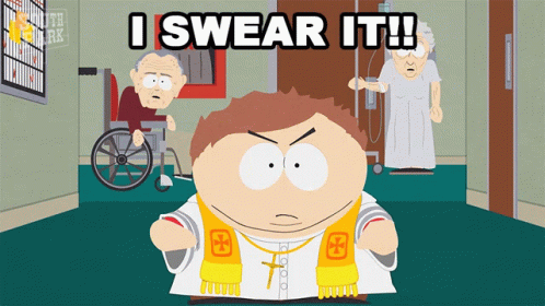 a cartoon character says i swear it in front of an elderly man in a wheelchair