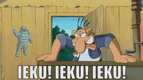 A Cartoon Character Says " Ieku ! Ieku ! Ieku ! " In Front Of A Door GIF