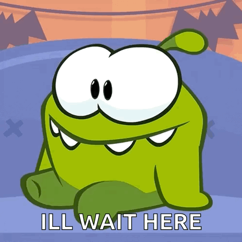 A Cartoon Character Says " Ill Wait Here " On A Blue Background GIF
