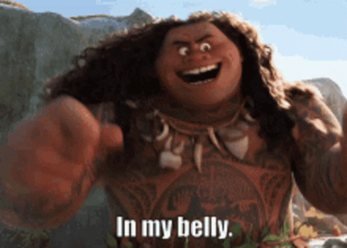 A Cartoon Character Says " In My Belly " In Front Of Some Rocks GIF