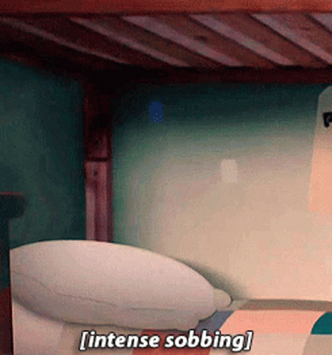 A Cartoon Character Says " Intense Sobbing " In Front Of A Bed GIF