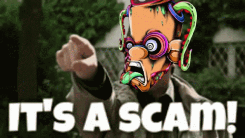 A Cartoon Character Says It 'S A Scam With His Fist In The Air GIF