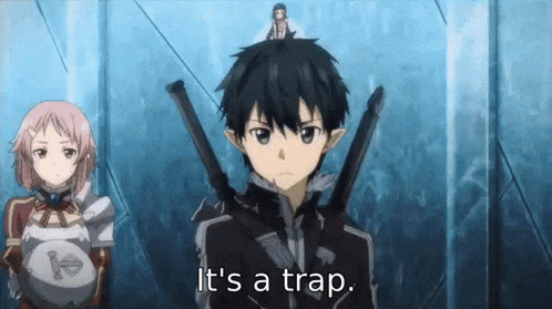 A Cartoon Character Says It 'S A Trap While Holding Two Swords GIF