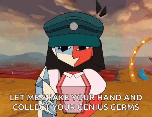 A Cartoon Character Says Let Me Shake Your Hand And Collect Your Genius Germs . GIF