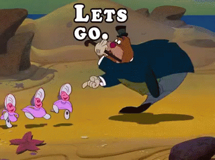 A Cartoon Character Says Let 'S Go In Front Of A Group Of Oysters GIF