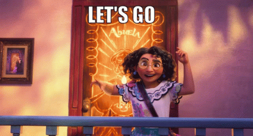 A Cartoon Character Says Let 'S Go In Front Of A Sign That Says Abrela GIF