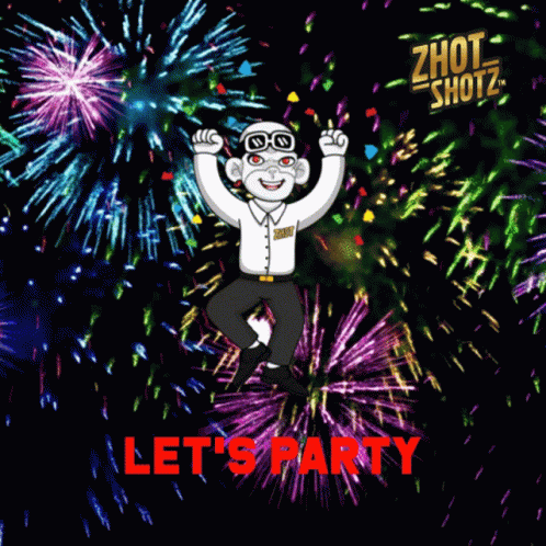 A Cartoon Character Says Let 'S Party In Front Of A Firework Display GIF