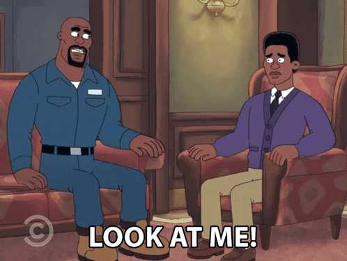 A Cartoon Character Says Look At Me To Another Man GIF
