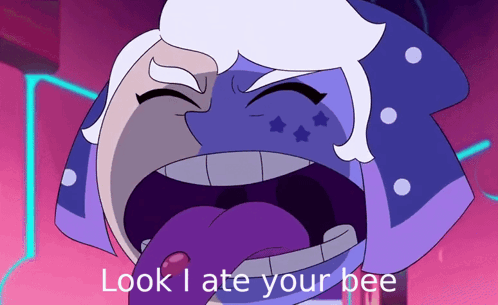 A Cartoon Character Says Look I Ate Your Bee With His Tongue Out GIF