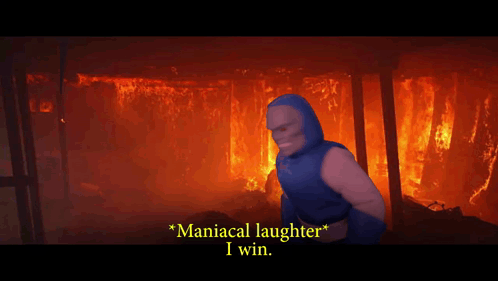 A Cartoon Character Says " Maniacal Laughter " In Front Of A Burning Building GIF