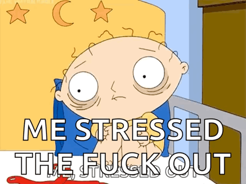 A Cartoon Character Says " Me Stressed The Fuck Out " In Front Of A Bed GIF