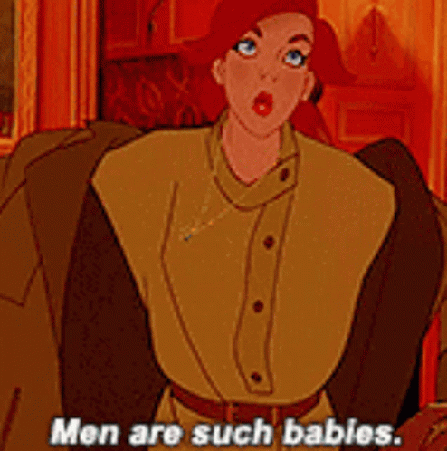 A Cartoon Character Says Men Are Such Babies While Holding A Book GIF