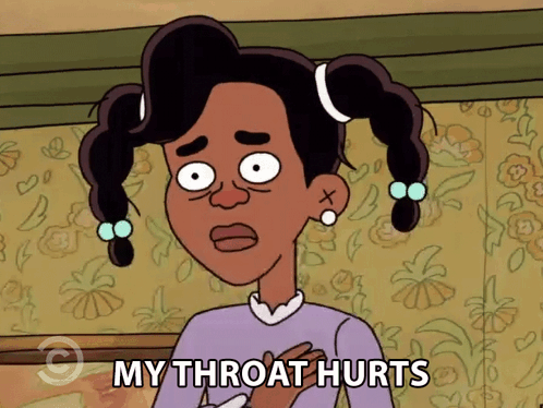 A Cartoon Character Says My Throat Hurts In Front Of A Floral Wallpaper GIF