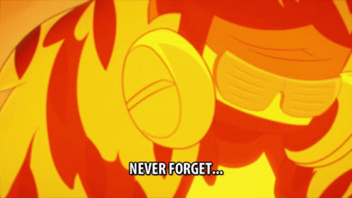 A Cartoon Character Says " Never Forget " In A Yellow Background GIF