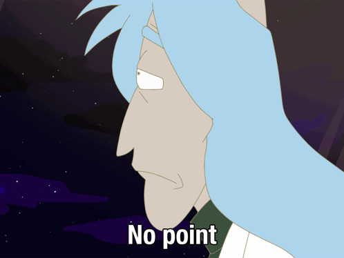 A Cartoon Character Says No Point In A Dark Background GIF