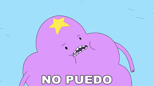 a cartoon character says no puedo in white letters