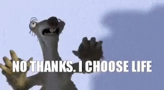 A Cartoon Character Says `` No Thanks , I Choose Life '' While Standing In Front Of A Blue Background . GIF