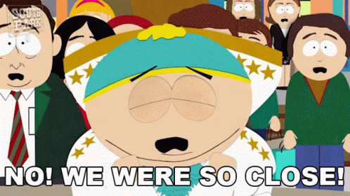 A Cartoon Character Says " No We Were So Close " In Front Of A Crowd GIF