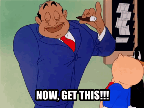 A Cartoon Character Says " Now Get This " In Front Of A Bulletin Board GIF