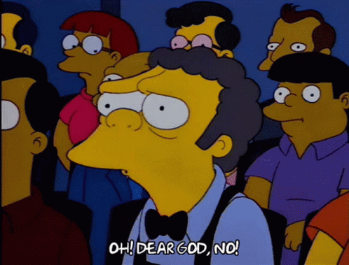 A Cartoon Character Says Oh Dear God No In Front Of A Crowd Of People GIF