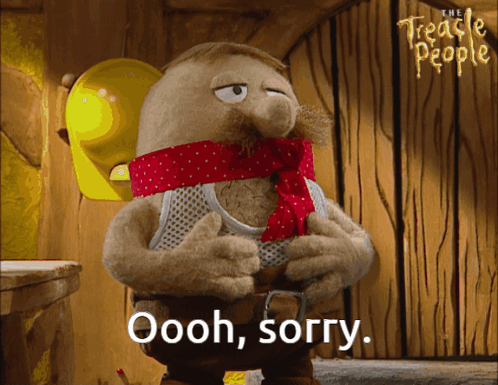 A Cartoon Character Says Oooh Sorry In Front Of A Hard Hat GIF