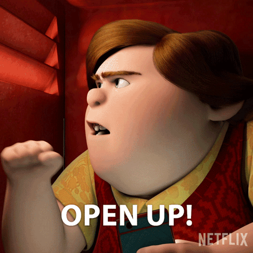 A Cartoon Character Says Open Up On A Netflix Poster GIF