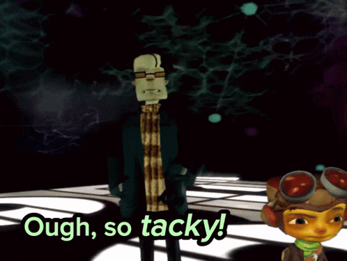 A Cartoon Character Says Ough So Tacky In A Dark Room GIF
