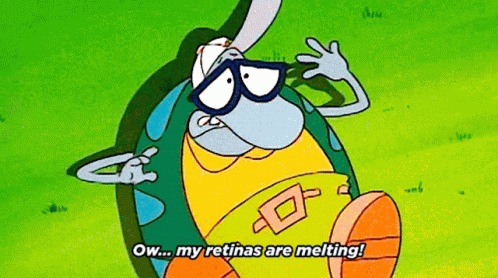 A Cartoon Character Says " Ow... My Retinas Are Melting " GIF