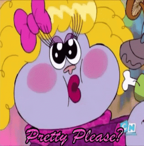 A Cartoon Character Says Pretty Please In A Pink Bow GIF