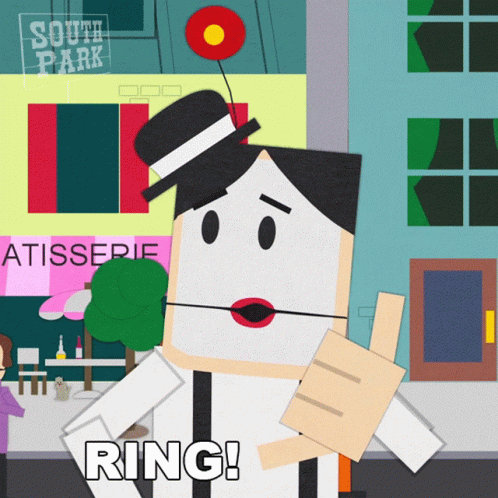 A Cartoon Character Says " Ring " In Front Of A South Park Store GIF