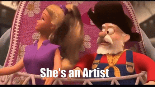 A Cartoon Character Says She 'S An Artist In Front Of A Barbie And A Cowboy GIF