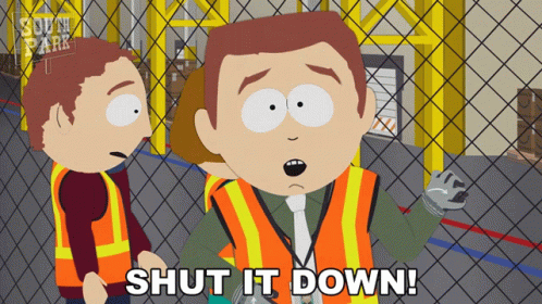 A Cartoon Character Says Shut It Down In A Warehouse GIF