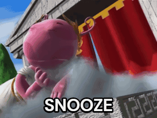 A Cartoon Character Says Snooze In Front Of A Clock That Reads 12:26 GIF