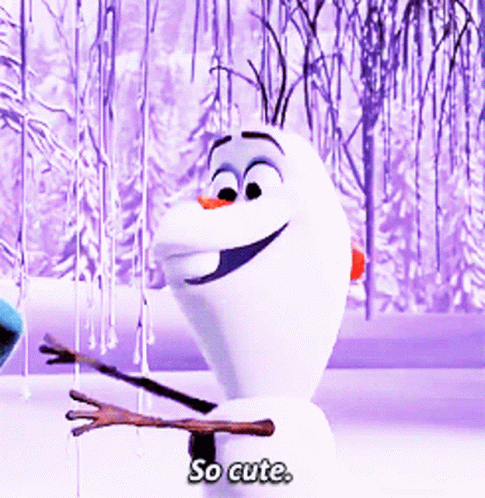 A Cartoon Character Says " So Cute " In Front Of A Snowy Forest GIF