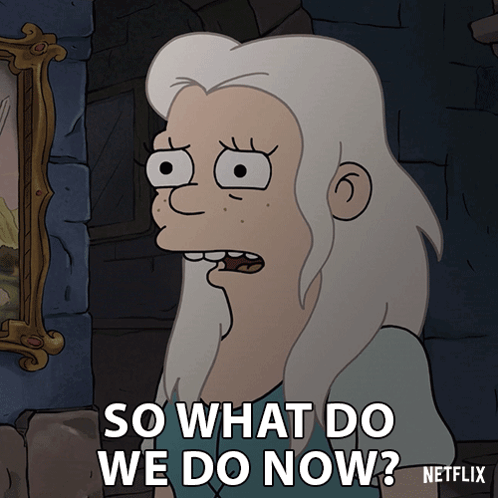 A Cartoon Character Says " So What Do We Do Now " In Front Of A Painting GIF