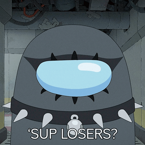 A Cartoon Character Says " Sup Losers " And Has Spikes On His Head GIF
