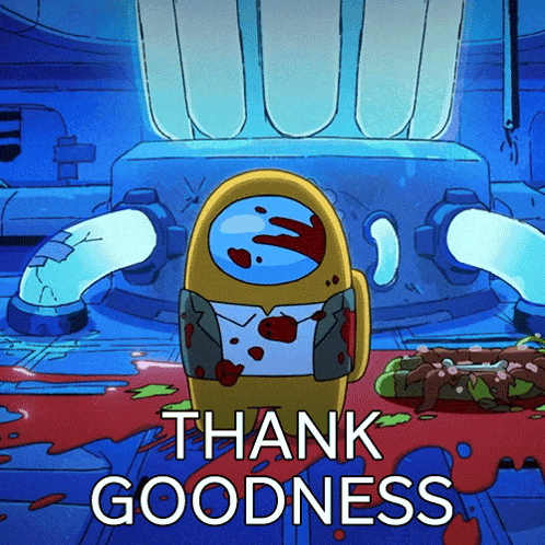 A Cartoon Character Says Thank Goodness In A Blue Room GIF