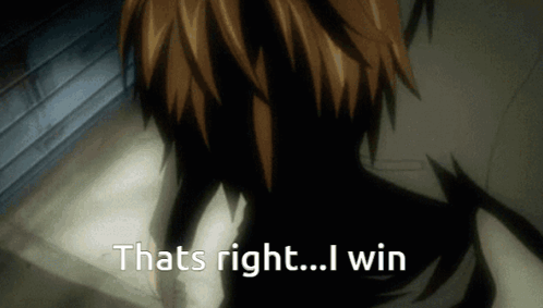 A Cartoon Character Says " Thats Right I Win " In A Dark Room GIF