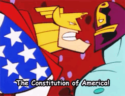 A Cartoon Character Says The Constitution Of America In Front Of A Flag GIF