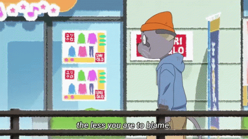 A Cartoon Character Says The Less You Are To Blame In Front Of A Store GIF