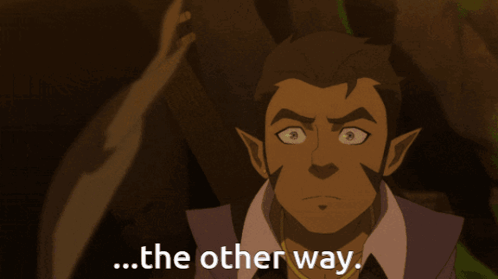 A Cartoon Character Says " The Other Way " In Front Of A Tree Branch GIF