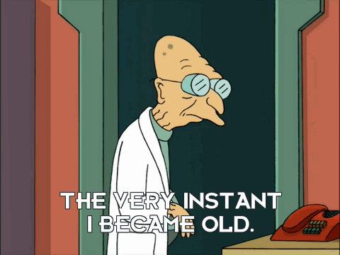 A Cartoon Character Says " The Very Instant I Became Old " In Front Of A Red Phone GIF