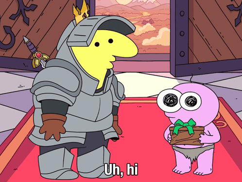 A Cartoon Character Says Uh Hi While Holding A Present GIF