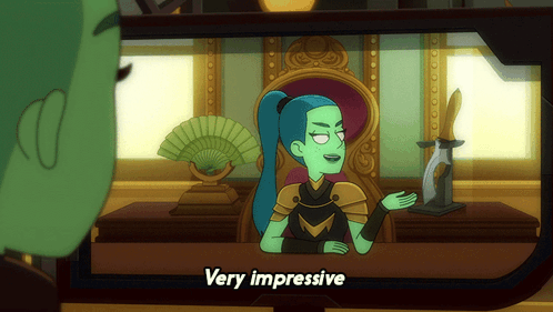 A Cartoon Character Says Very Impressive In Front Of A Camera GIF